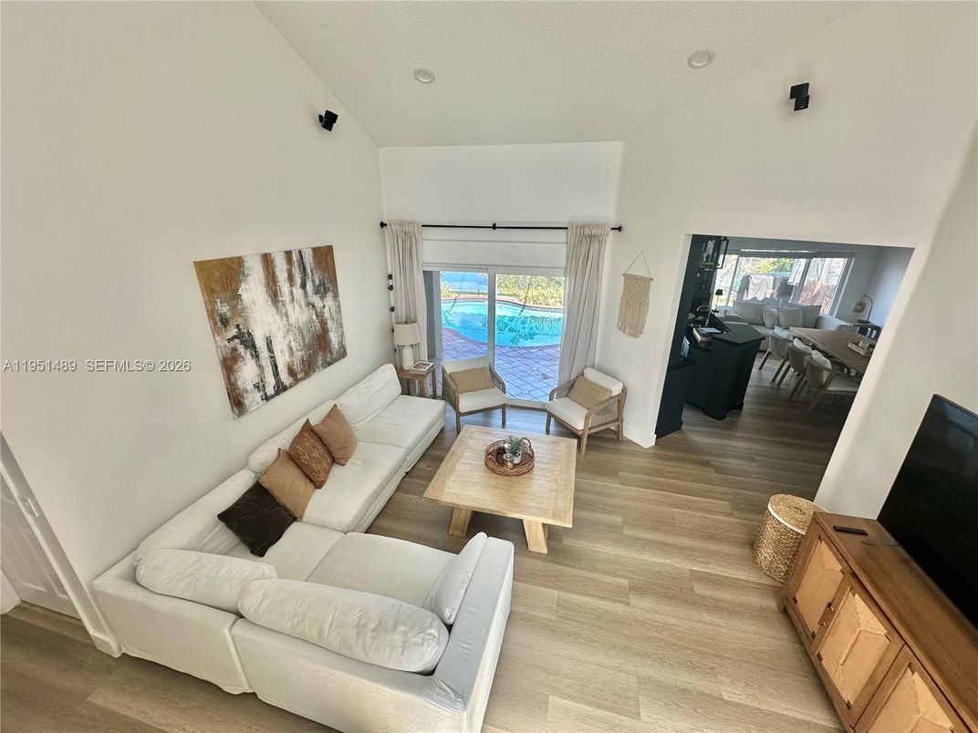 Dining room, Interior, Living room, Recessed Lighting, Water, Wood Texture Flooring