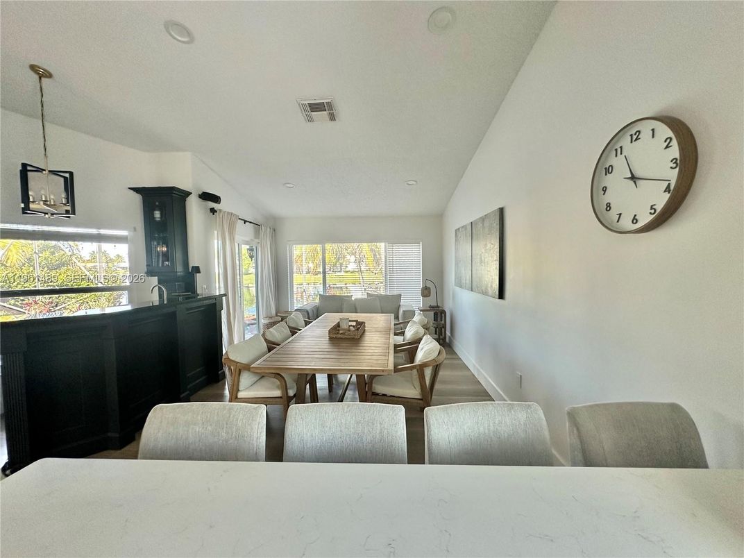 Dining room, Interior, Pendant Lights, Recessed Lighting, Wood Texture Flooring