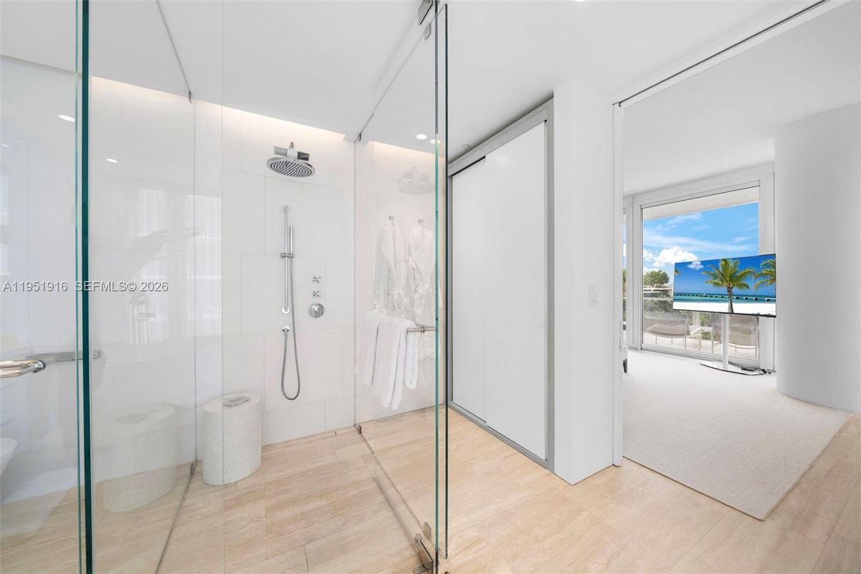 Bathroom, Glass Shower, Interior, Recessed Lighting, Water, Wood Texture Flooring