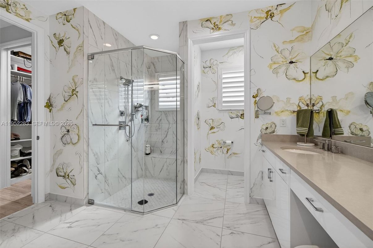 Bathroom, Glass Shower, Interior, Marble, Marble Walls, Recessed Lighting