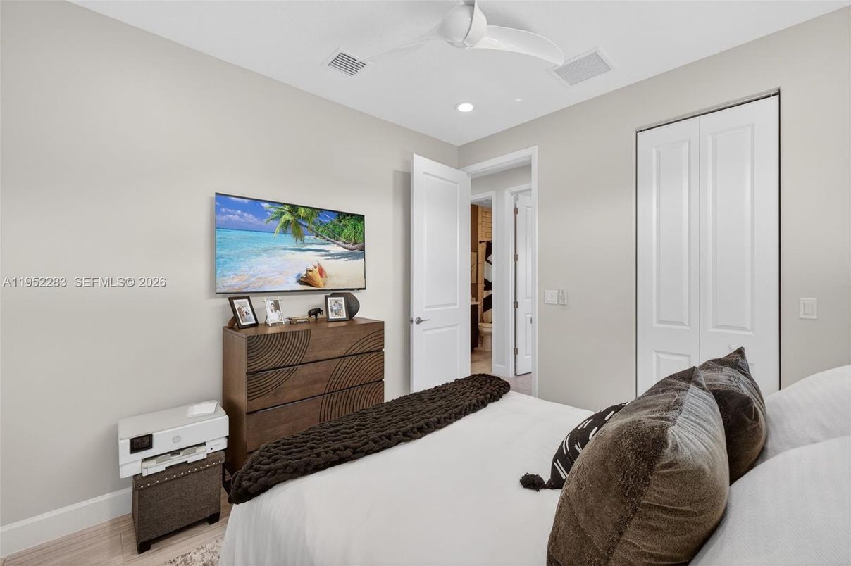 Bedroom, Interior, Recessed Lighting, Wood Texture Flooring