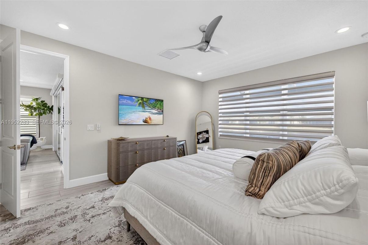 Bedroom, Interior, Recessed Lighting, Wood Texture Flooring