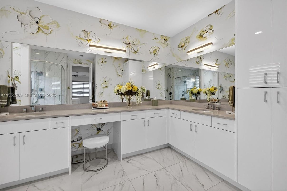 Bathroom, Dual Sink Vanities, Glass Shower, Interior, Marble, Marble Walls