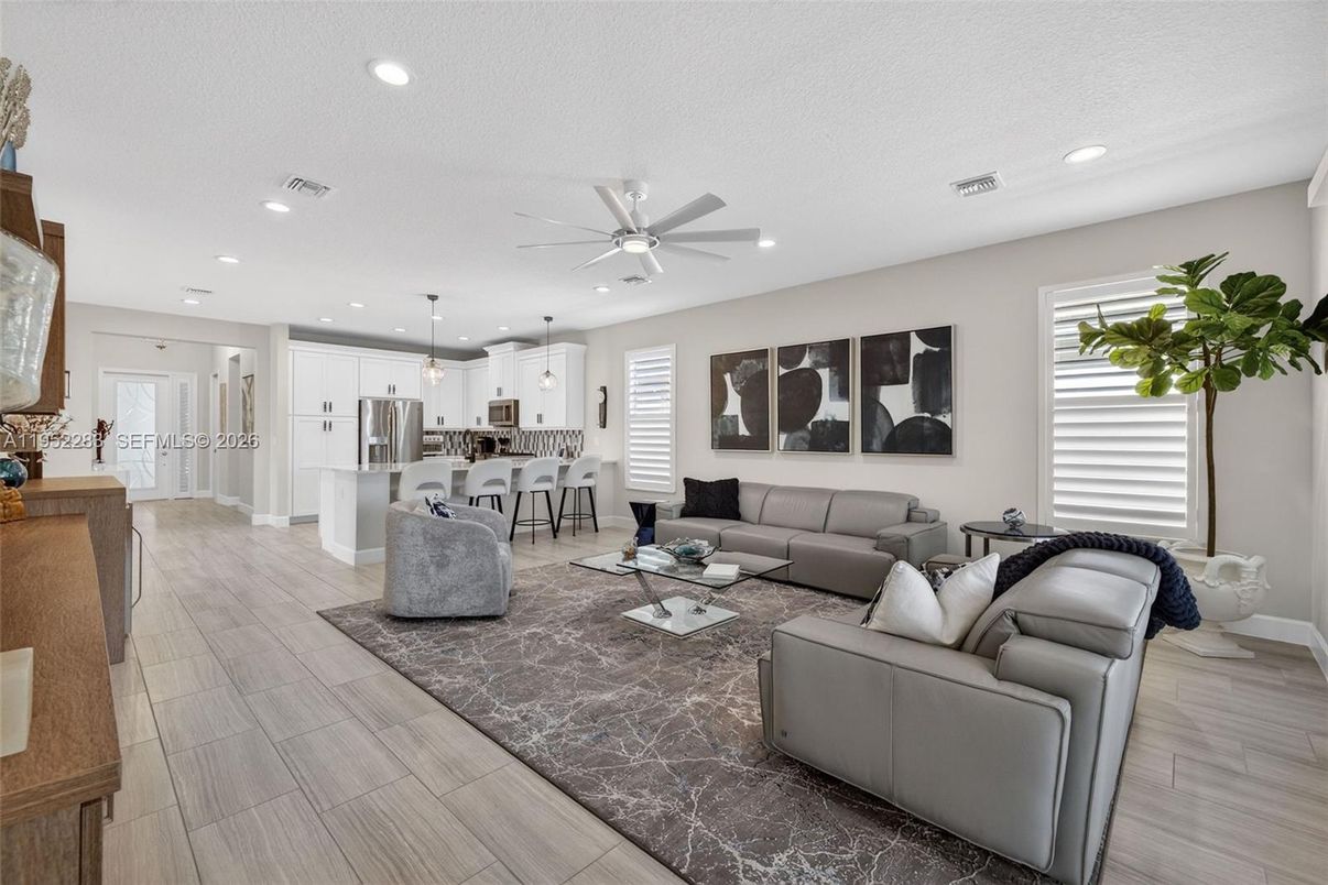 Dining room, Interior, Kitchen, Living room, Pendant Lights, Recessed Lighting, Stainless Steel Appliances, Wood Texture Flooring