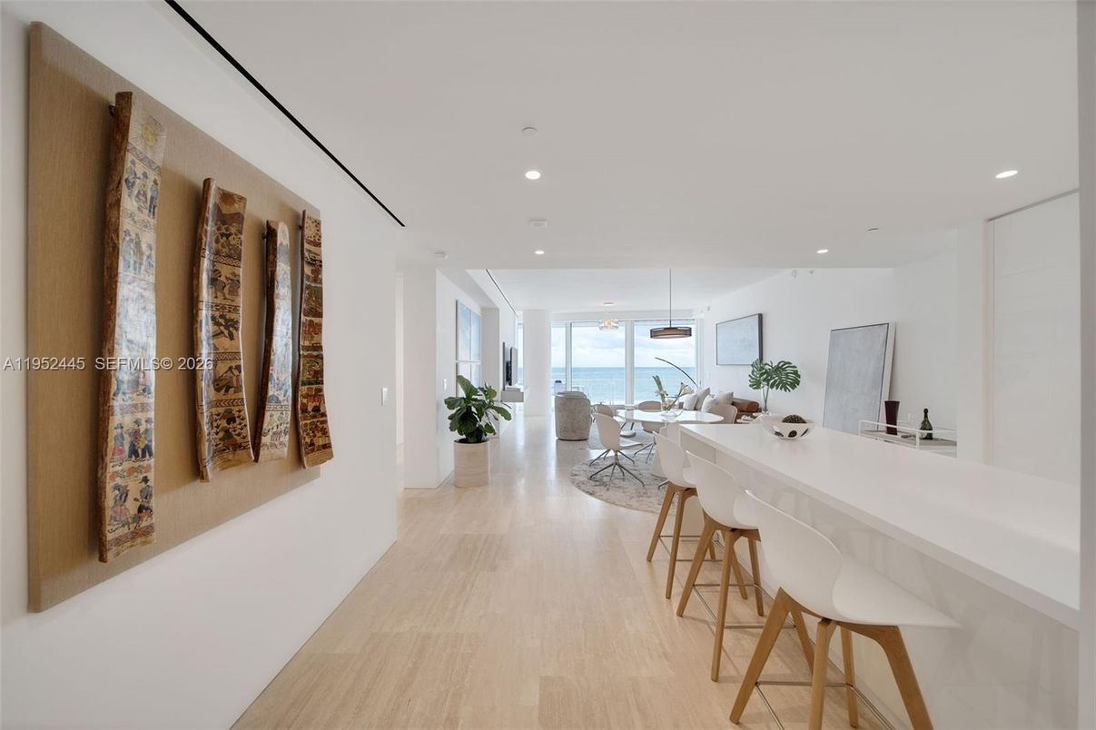 Dining room, Interior, Pendant Lights, Recessed Lighting, Water, Wood Texture Flooring