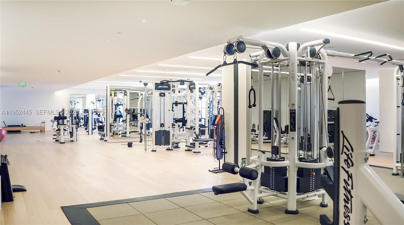 Fitness Equipment, Gym, Interior, Recessed Lighting, Wood Texture Flooring