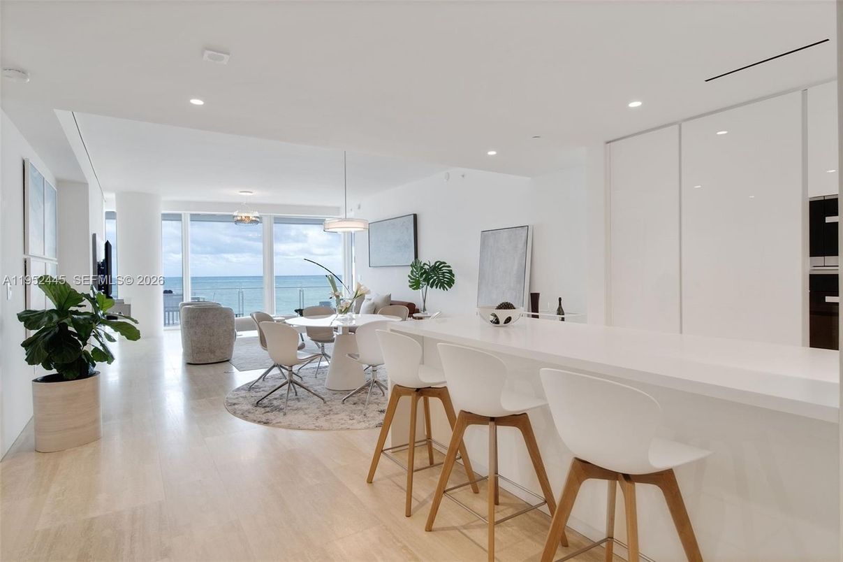 Dining room, Interior, Pendant Lights, Recessed Lighting, Water, Wood Texture Flooring