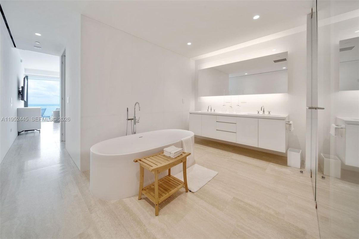 Bathroom, Dual Sink Vanities, Free Standing Baths, Interior, Recessed Lighting, Water, Wood Texture Flooring