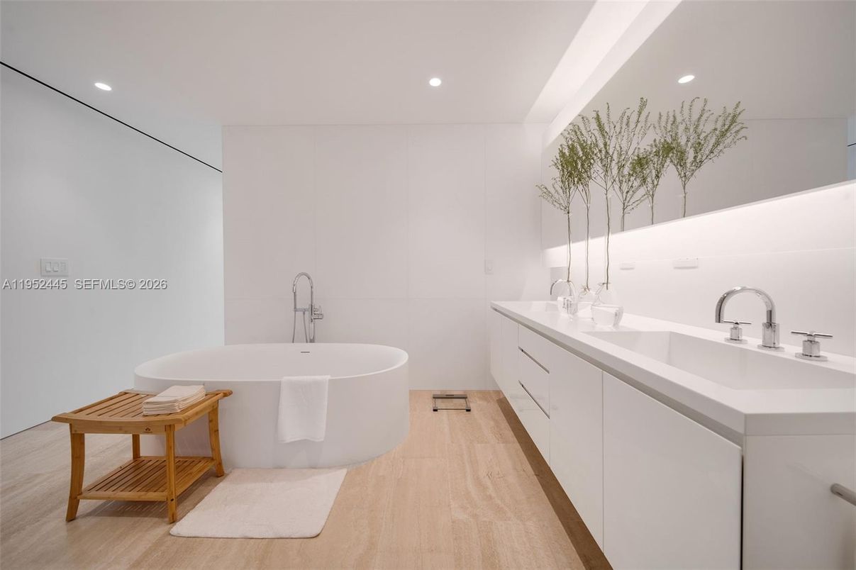 Bathroom, Dual Sink Vanities, Free Standing Baths, Interior, Recessed Lighting, Wood Texture Flooring