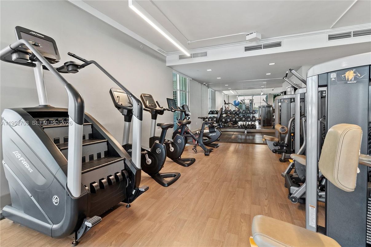 Fitness Equipment, Gym, Interior, Recessed Lighting, Wood Texture Flooring