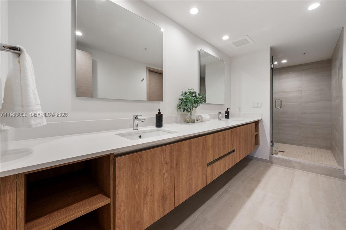 Bathroom, Dual Sink Vanities, Glass Shower, Interior, Recessed Lighting