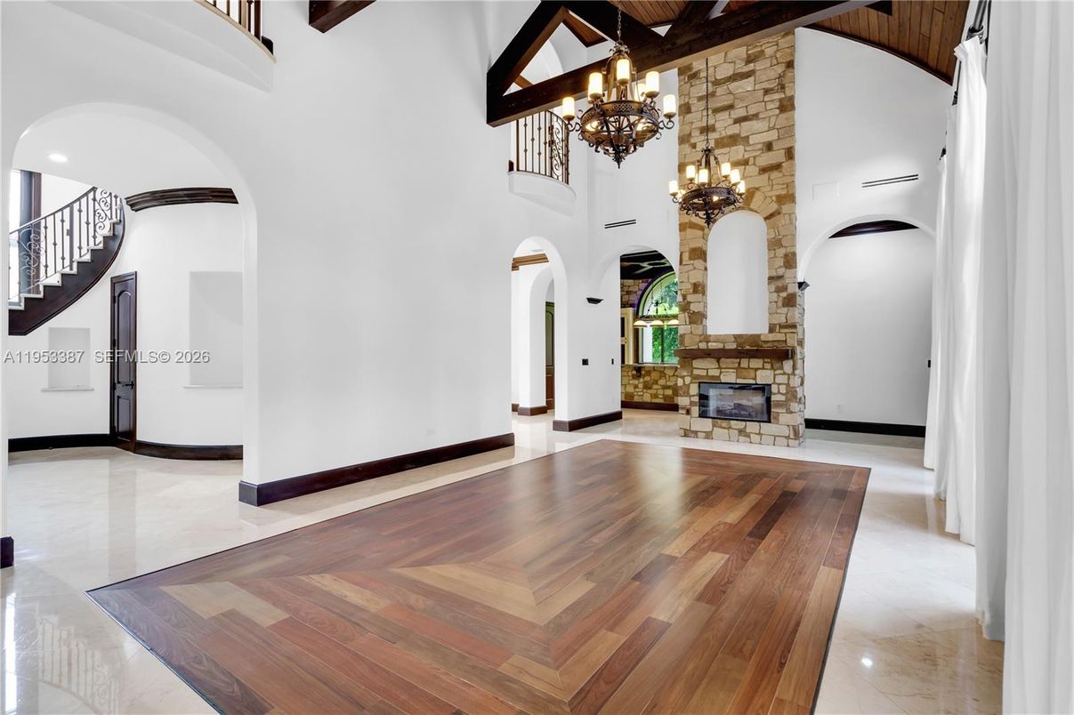 Chandelier, Fireplace, Interior, Stone Walls, Wood Texture Flooring