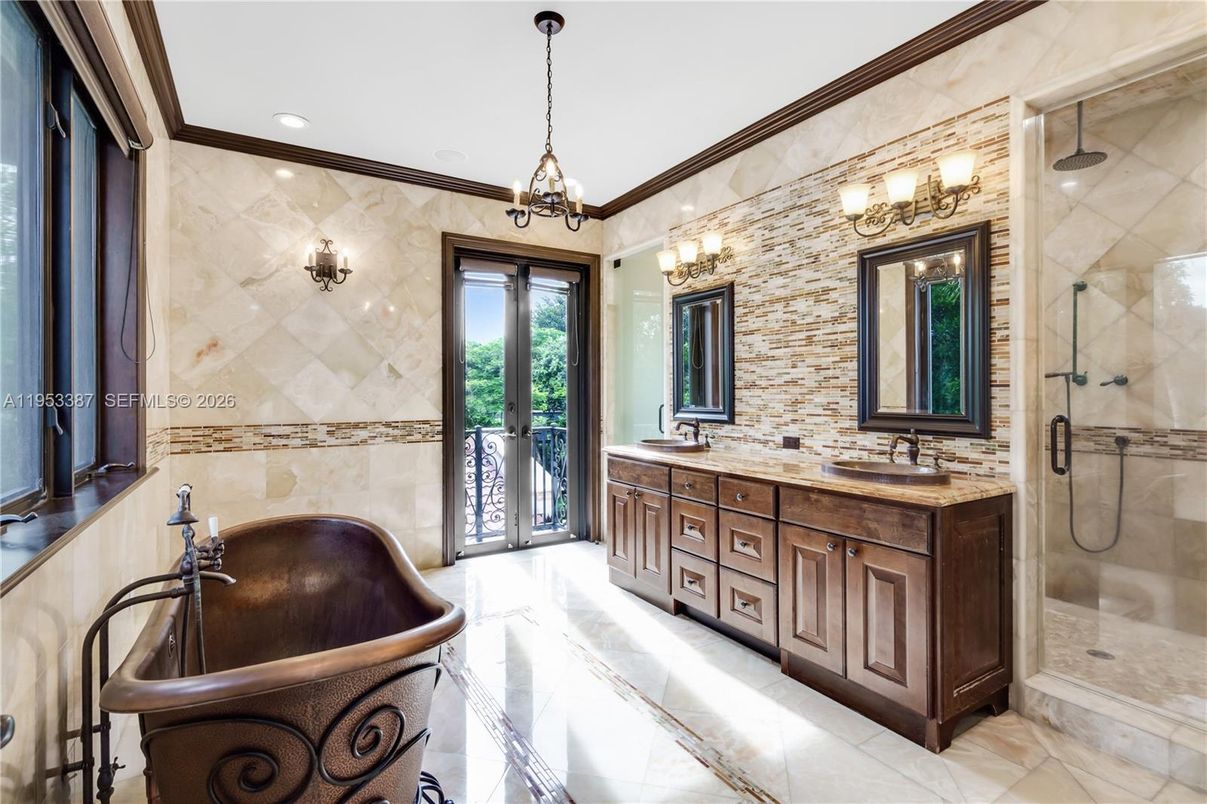 Bathroom, Dual Sink Vanities, Glass Shower, Interior, Pendant Lights, Recessed Lighting