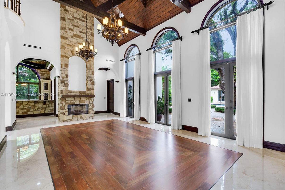 Chandelier, Fireplace, Interior, Stone Walls, Wooden Beams, Wooden Ceilings, Wood Texture Flooring