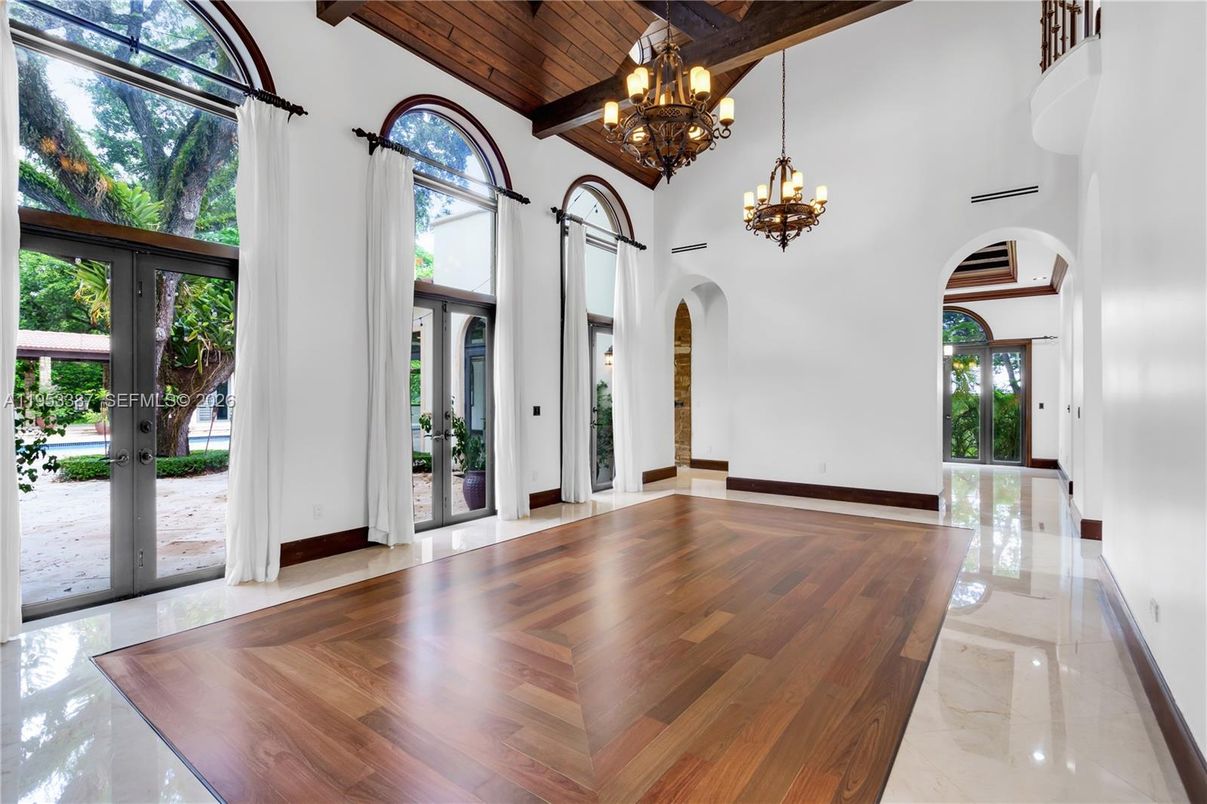 Chandelier, Empty room, Interior, Marble, Wooden Beams, Wood Texture Flooring