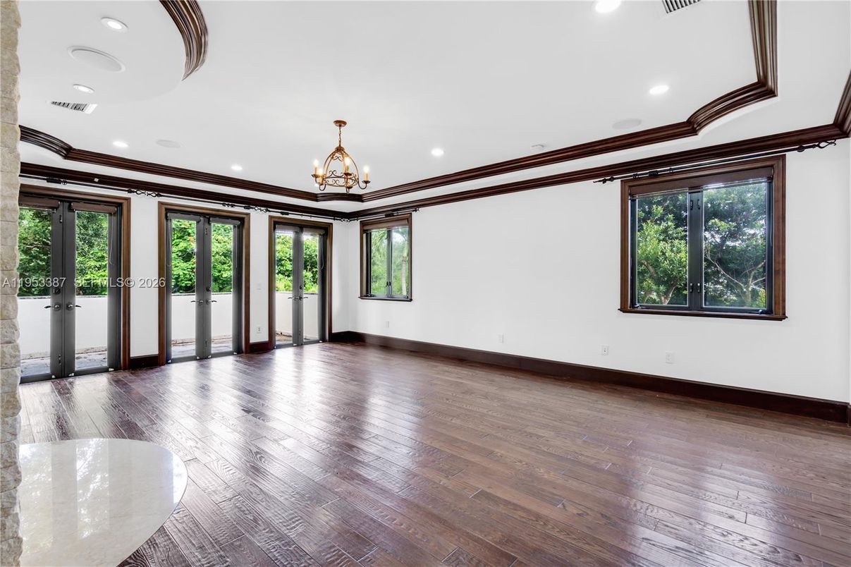 Chandelier, Empty room, Interior, Recessed Lighting, Wood Texture Flooring