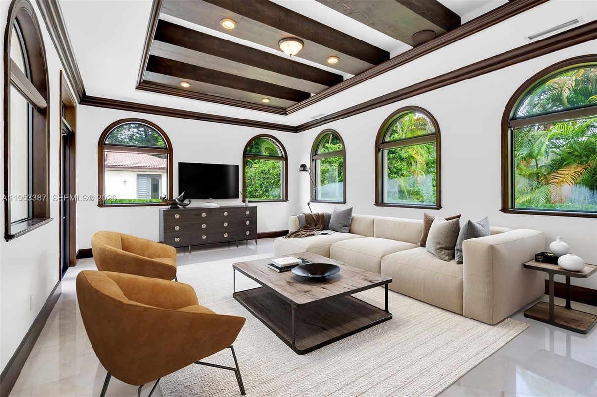 Interior, Living room, Recessed Lighting, Wooden Beams