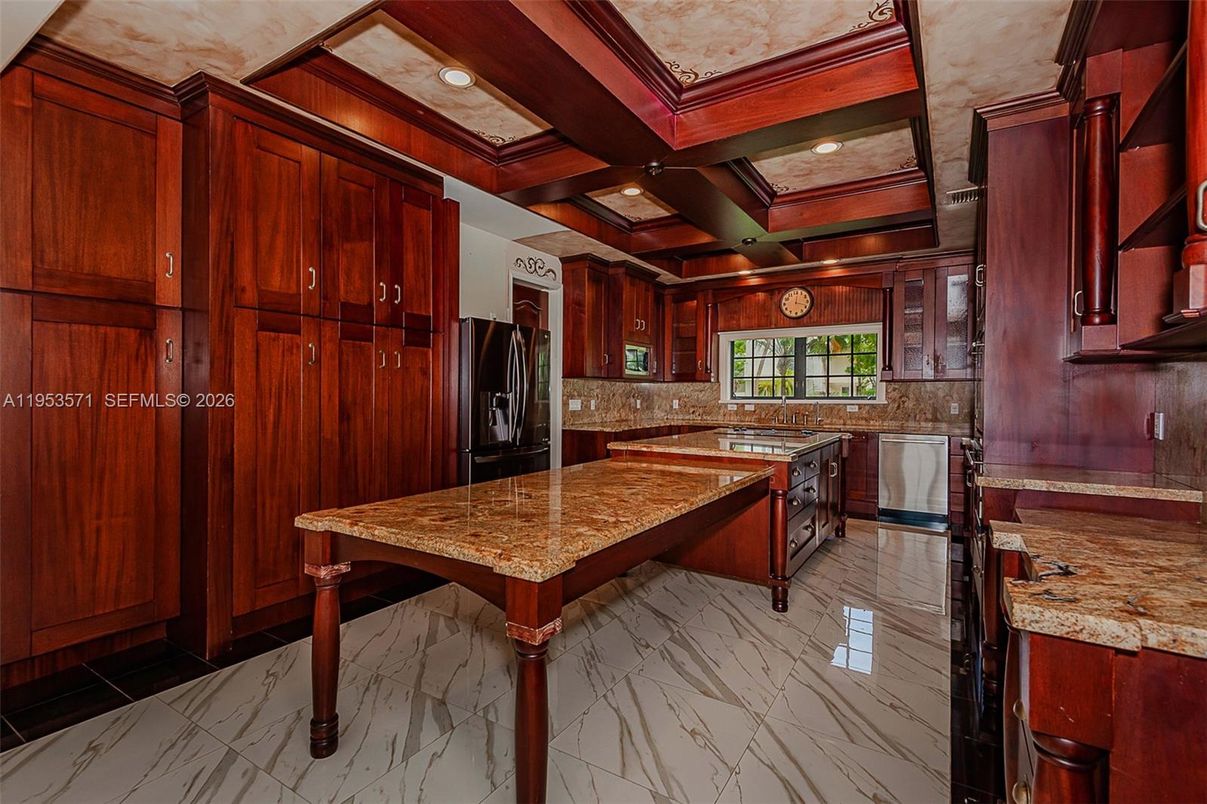 Interior, Kitchen, Marble, Recessed Lighting, Wooden Walls