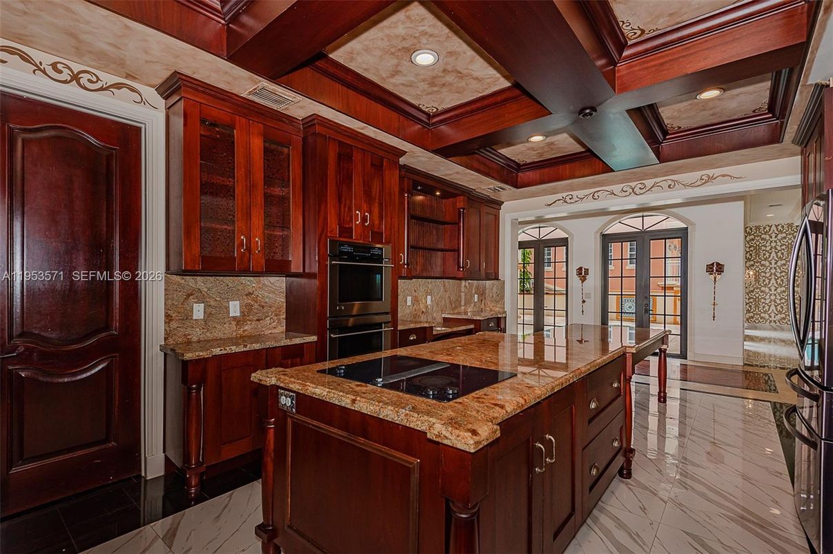 Interior, Kitchen, Marble, Recessed Lighting, Wooden Beams