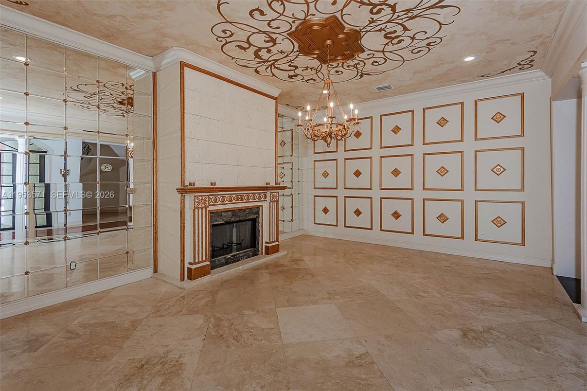 Chandelier, Fireplace, Interior