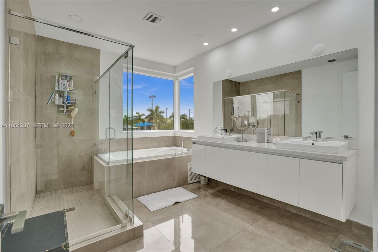 Bathroom, Dual Sink Vanities, Glass Shower, Interior, Recessed Lighting