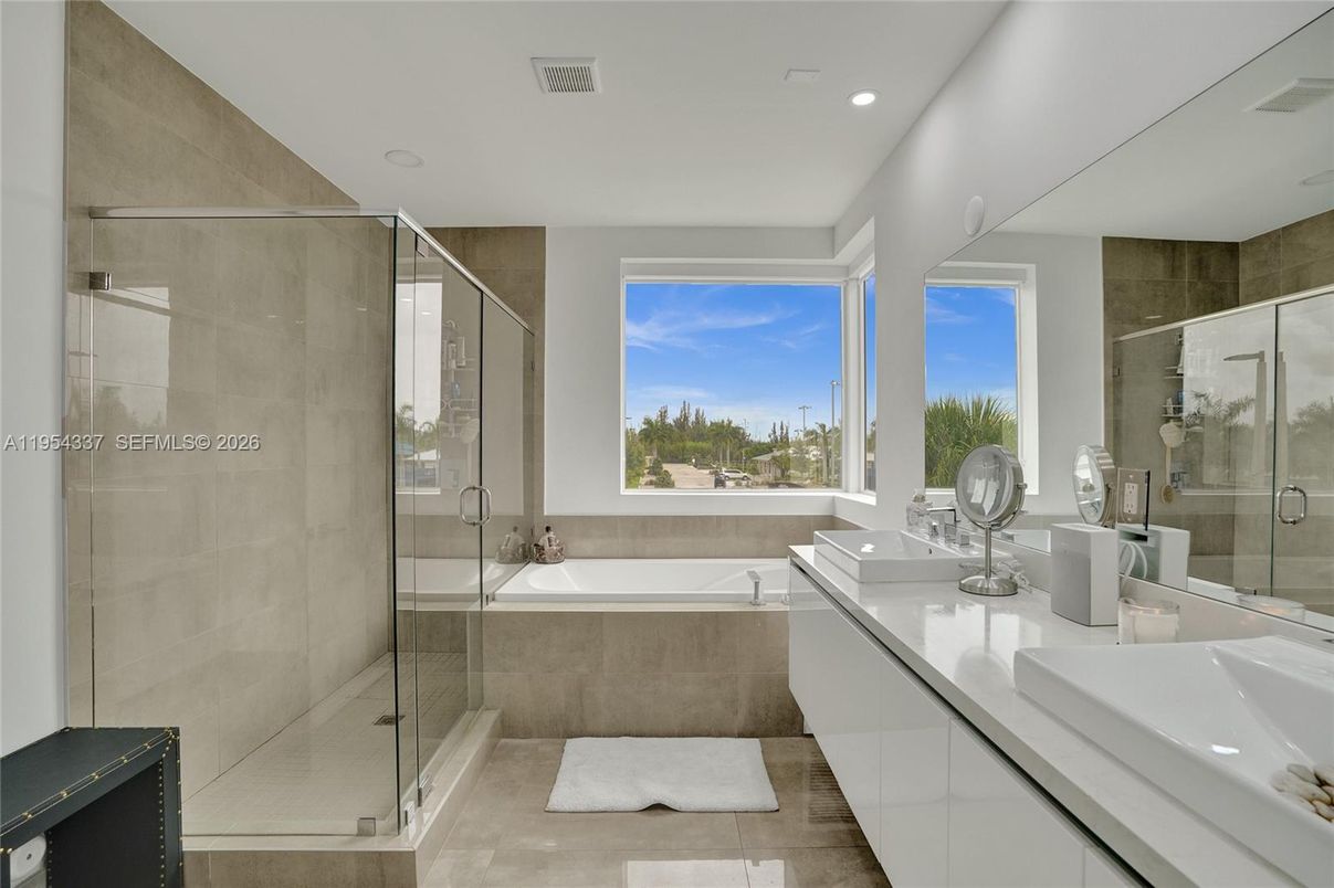 Bathroom, Dual Sink Vanities, Glass Shower, Interior, Recessed Lighting