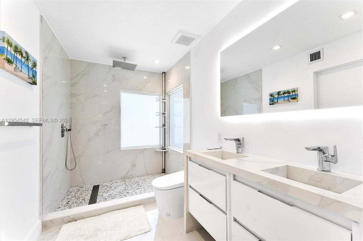 Bathroom, Glass Shower, Interior, Marble Walls, Recessed Lighting