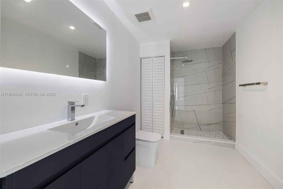 Bathroom, Glass Shower, Interior, Marble Walls, Recessed Lighting