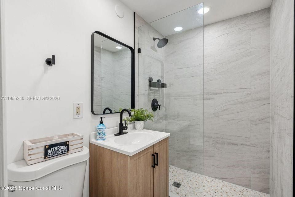 Bathroom, Glass Shower, Interior, Marble Walls, Recessed Lighting