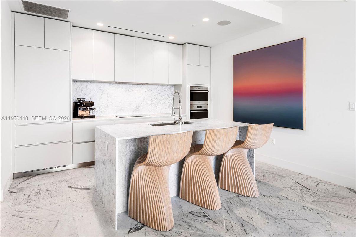 Interior, Kitchen, Marble, Marble Walls, Recessed Lighting, Stainless Steel Appliances