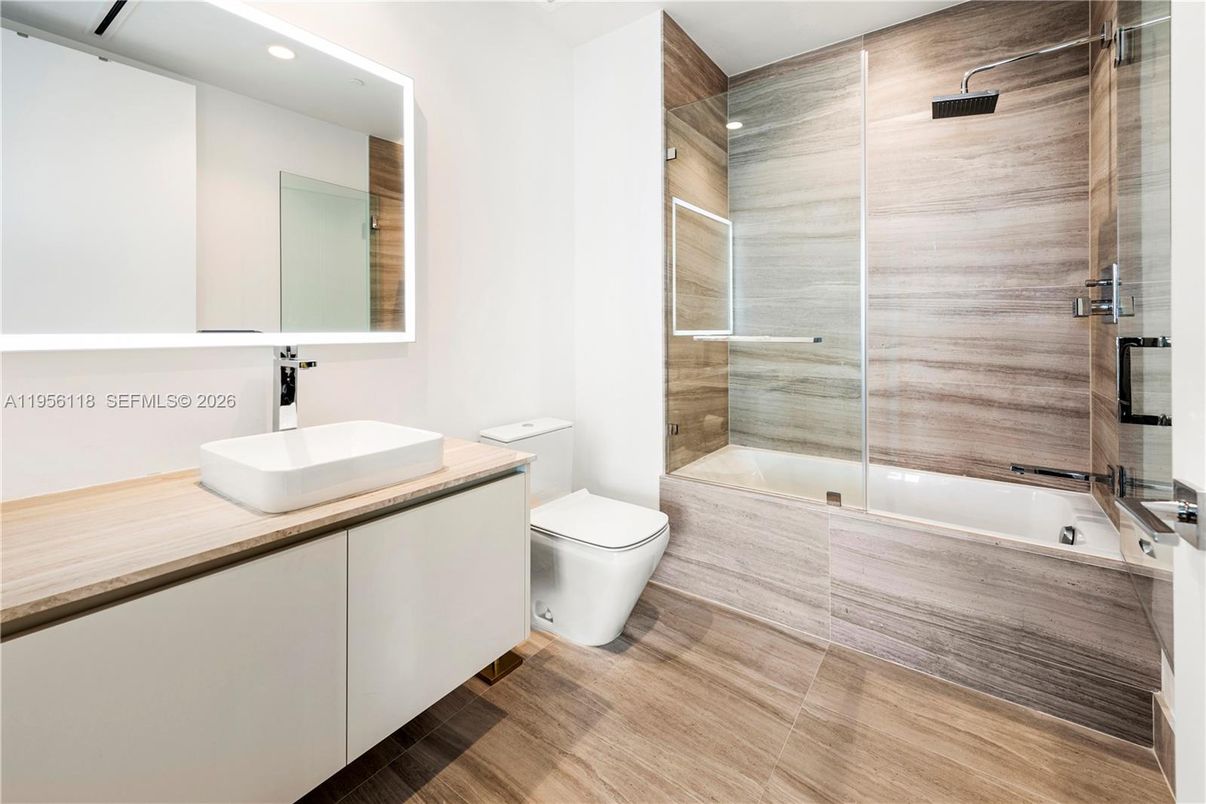 Bathroom, Glass Shower, Interior, Recessed Lighting, Wood Texture Flooring