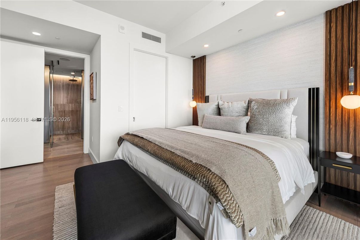 Bedroom, Interior, Recessed Lighting, Wood Texture Flooring