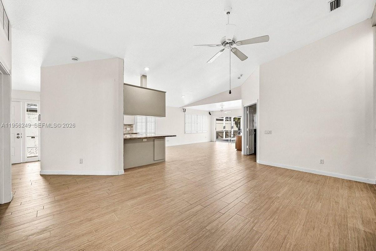 Empty room, Interior, Kitchen, Recessed Lighting, Wood Texture Flooring