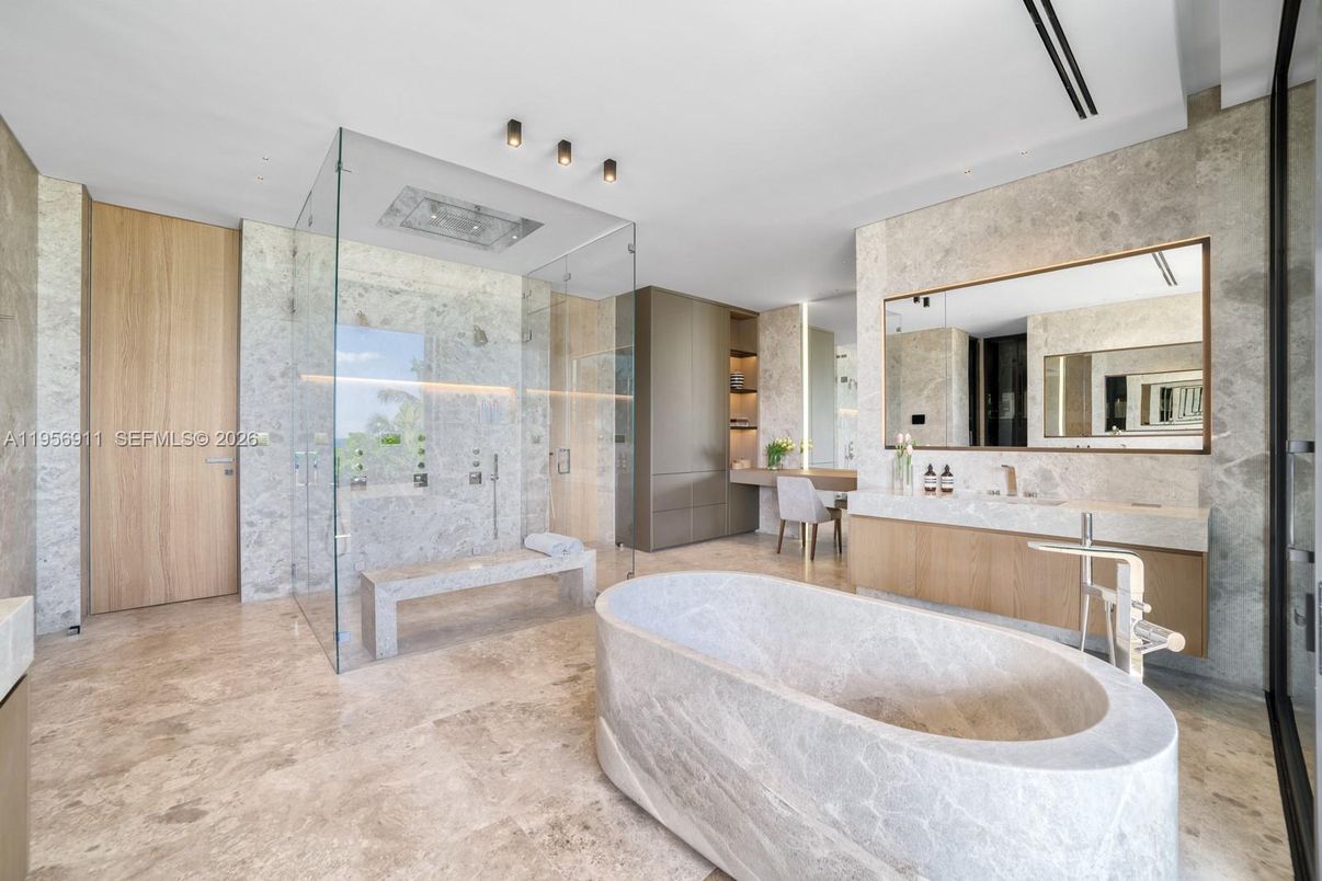 Bathroom, Free Standing Baths, Glass Shower, Interior, Recessed Lighting