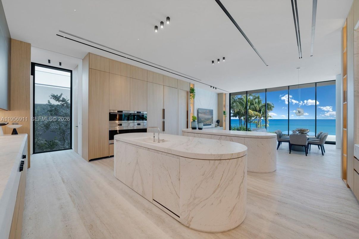 Dining room, Interior, Kitchen, Pendant Lights, Stainless Steel Appliances, Water, Wood Texture Flooring