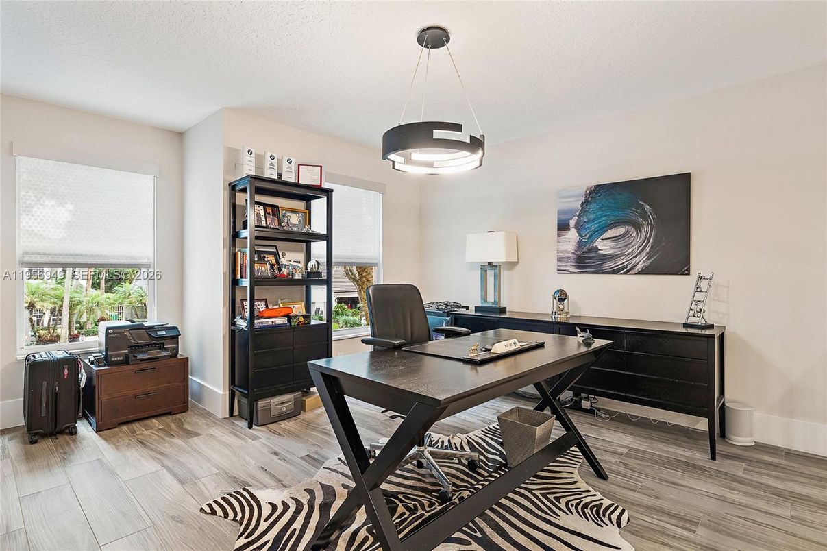 Home Office, Interior, Pendant Lights, Wood Texture Flooring