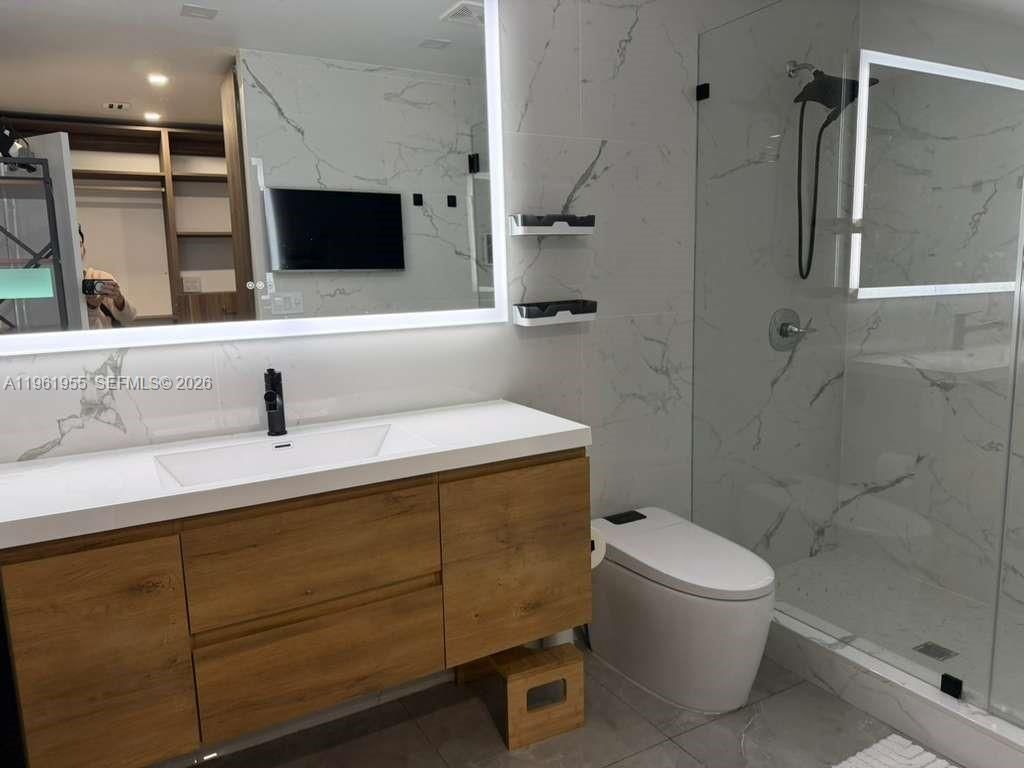 Bathroom, Glass Shower, Interior, Marble Walls, Recessed Lighting