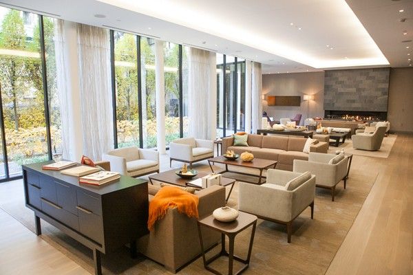 Fireplace, Interior, Living room, Recessed Lighting, Stone Walls, Wood Texture Flooring