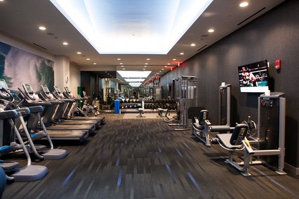 Fitness Equipment, Gym, Interior, Recessed Lighting, Wood Texture Flooring