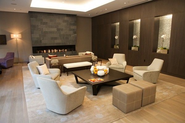 Fireplace, Interior, Living room, Recessed Lighting, Stone Walls, Wood Texture Flooring
