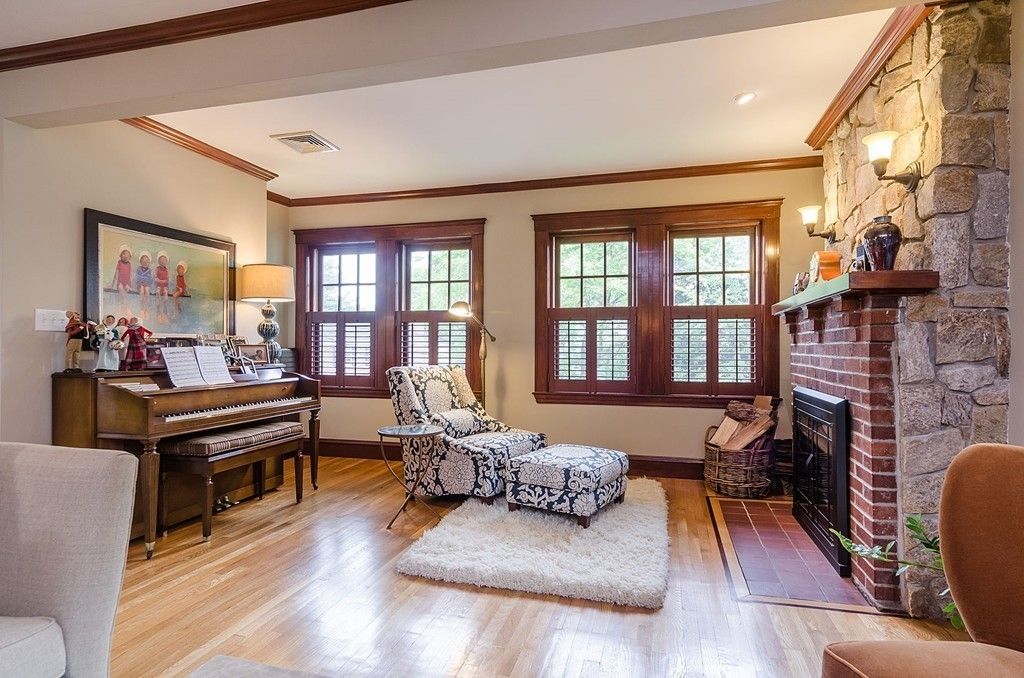 Fireplace, Interior, Piano, Recessed Lighting, Stone Walls, Wood Texture Flooring