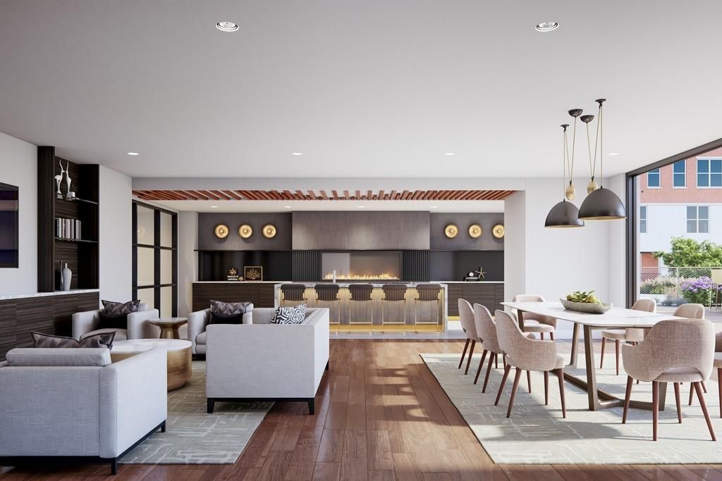 Dining room, Fireplace, Interior, Living room, Pendant Lights, Recessed Lighting, Wood Texture Flooring