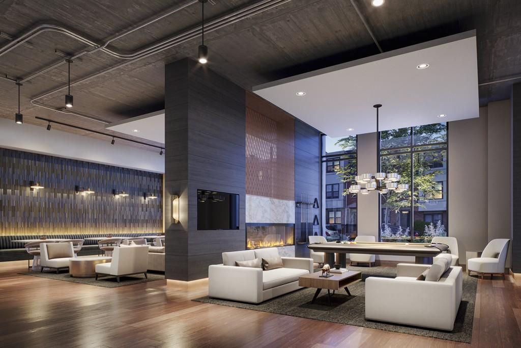 Fireplace, Interior, Living room, Pendant Lights, Recessed Lighting, Wood Texture Flooring