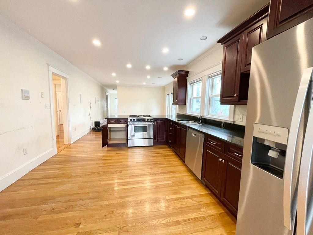 Interior, Kitchen, Recessed Lighting, Stainless Steel Appliances, Wood Texture Flooring
