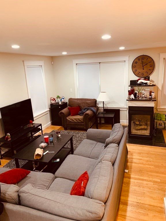 Fireplace, Interior, Living room, Recessed Lighting, Wood Texture Flooring