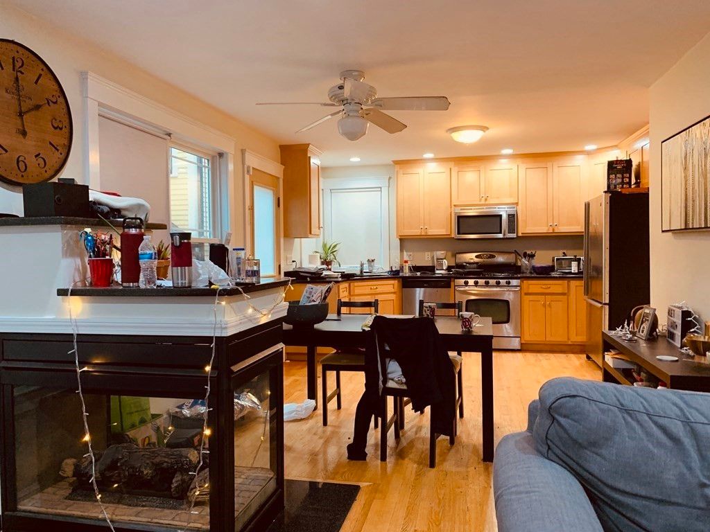 Dining room, Interior, Kitchen, Recessed Lighting, Stainless Steel Appliances, Wood Texture Flooring