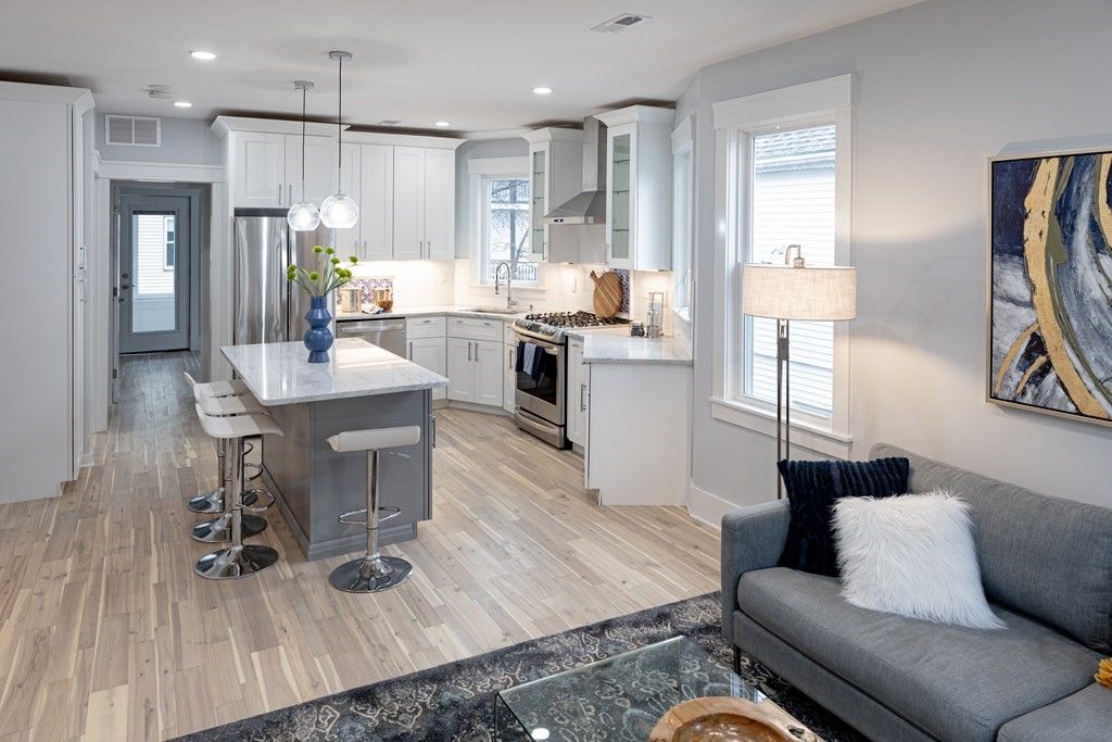 Interior, Kitchen, Pendant Lights, Recessed Lighting, Stainless Steel Appliances, Wood Texture Flooring