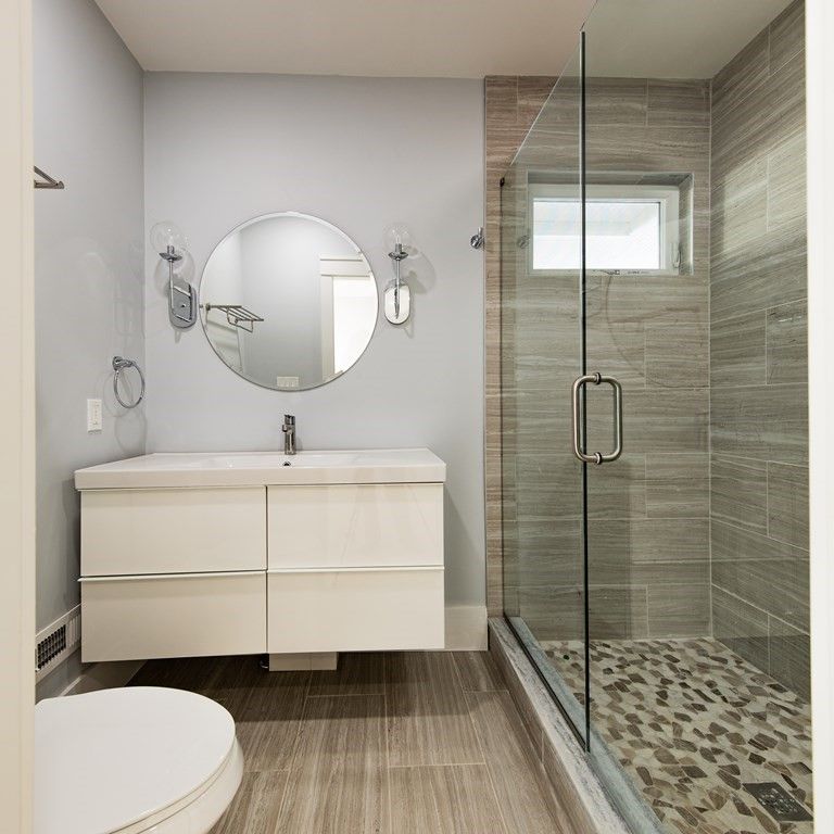 Bathroom, Glass Shower, Interior, Wood Texture Flooring
