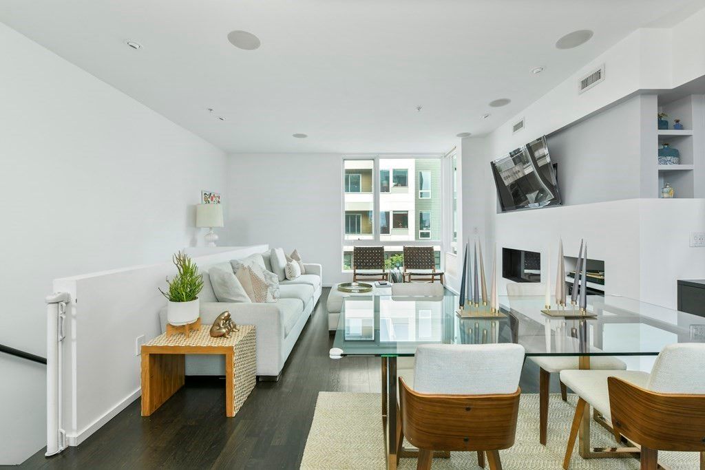 Dining room, Fireplace, Interior, Living room, Recessed Lighting, Wood Texture Flooring