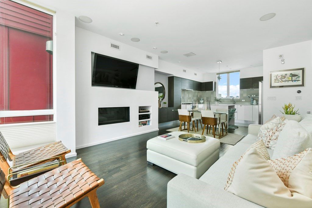 Dining room, Fireplace, Interior, Kitchen, Living room, Pendant Lights, Recessed Lighting, Stainless Steel Appliances, Wood Texture Flooring